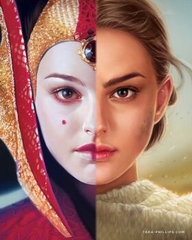 1girl artist_name brown_eyes brown_hair looking_at_viewer padme_amidala pale_skin portrait solo split_screen star_wars star_wars:_the_phantom_menace tara_phillips watermark web_address
