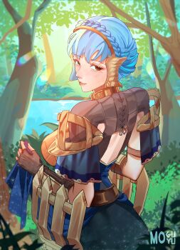 1girl absurdres alternate_costume artist_name black_gloves blue_hair blush braid brown_eyes commentary commission crown_braid english_commentary fingerless_gloves fire_emblem fire_emblem:_three_houses from_behind gloves highres lips looking_at_viewer marianne_von_edmund marianne_von_edmund_(cursed_blessing) marianne_von_edmund_(timeskip) mogumoyu nintendo outdoors parted_lips pink_lips solo tree water