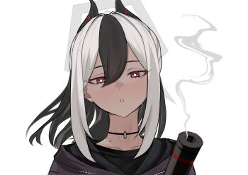 1girl absurdres black_hair black_hoodie blue_archive demon_girl demon_horns gun highres hood hood_down hoodie horns kayoko_(blue_archive) kirisame_(101642412) long_hair multicolored_hair parted_lips portrait red_eyes sidelocks simple_background smoke smoking_barrel solo two-tone_hair weapon white_background white_hair