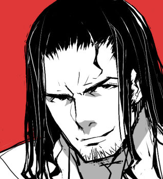 Rule 34 | 1boy, archived source, beard stubble, black eyes, black hair, commentary, commentary request, english commentary, facial hair, jaggy lines, korean commentary, long hair, male focus, monochrome, nose, nostrils, opon, original, red background, shirt, sideburns, smile, solo, split mouth, straight hair, stubble, upper body, upturned eyes