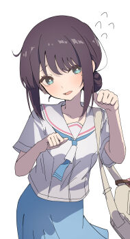 Rule 34 | 1girl, absurdres, bag, black hair, blue neckerchief, blue skirt, cho kaguya-hime!, commentary, green eyes, hair bun, highres, mole, mole under eye, neckerchief, open mouth, paw pose, rezin531, sailor collar, sakayori iroha, school uniform, serafuku, shirt, short hair, short sleeves, shoulder bag, sidelocks, simple background, single hair bun, skirt, solo, white background, white sailor collar, white shirt