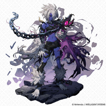 1girl absurdres alternate_form androgynous animal_ears animal_nose aura body_fur breasts colored_skin dark_aura dark_persona dog_girl fire_emblem fire_emblem_shadows full_body highres holding holding_sword holding_weapon kurt_(fire_emblem) long_hair navel nintendo official_art pants purple_skin small_breasts sword tail torn_clothes torn_pants weapon wolf wolf_ears wolf_tail