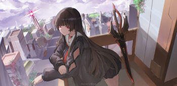 1girl absurdres against_railing black_choker black_hair black_jacket black_shirt black_skirt breasts chisa_(wuthering_waves) choker clip_studio_paint_(medium) closed_mouth commentary english_commentary from_side highres jacket leaning_forward long_hair long_sleeves looking_at_viewer looking_to_the_side medium_breasts neckerchief outdoors railing rakizuuu red_eyes red_neckerchief sailor_collar shirt skirt solo sword weapon white_sailor_collar wuthering_waves