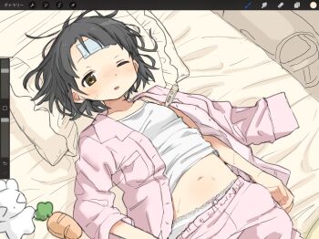Rule 34 | 1girl, black hair, blush, brown eyes, chawanwan, cold pack, highres, looking at viewer, lying, navel, on back, one eye closed, original, pajamas, panties, short hair, sick, solo, stuffed toy, thermometer, underwear, white panties