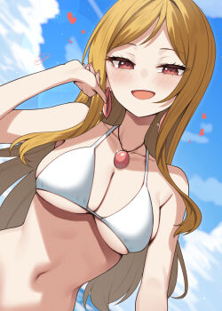 1girl bikini binsen blonde_hair blush breasts day earrings fingernails hand_up heart highres hoop_earrings idolmaster idolmaster_million_live! jewelry large_breasts long_fingernails long_hair looking_at_viewer momose_rio nail_polish navel necklace open_mouth outdoors pink_nails red_eyes signature smile solo sparkle swimsuit upper_body white_bikini