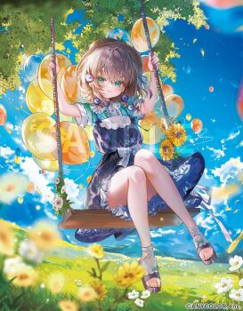 1girl arms_up balloon black_bow black_dress blurry blurry_foreground blush bow braid brown_hair brown_hat closed_mouth cloud collared_shirt copyright_notice dress falling_petals floral_print floral_print_dress flower flower_swing frills from_below full_body green_eyes green_shirt hair_flower hair_ornament hair_over_shoulder hair_ribbon hat holding holding_rope light_particles light_smile long_hair looking_at_viewer low_twin_braids meadow nijisanji no_eyewear official_art petals print_dress purple_flower ribbon rope sample_watermark sandals shirt shirt_under_dress short_sleeves single_hair_intake sitting sky solo tree_shade twin_braids utsuhostoria virtual_youtuber watermark white_bow white_flower white_ribbon yaguruma_rine yaguruma_rine_(2nd_costume) yellow_flower