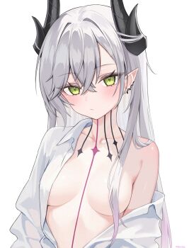Rule 34 | 1girl, absurdres, black horns, breasts, commentary, convenient hair, fate/grand order, fate (series), green eyes, highres, horns, lilith (fate), lilith (second ascension) (fate), long hair, looking at viewer, medium breasts, nagine, pointy ears, shirt, simple background, solo, very long hair, white background, white hair, white shirt