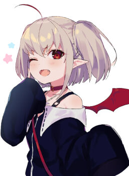1girl ;o absurdres ahoge badge bare_shoulders belt_collar black_jacket blush button_badge collar collarbone colored_tips demon_wings dyed_ahoge fangs finger_to_cheek from_side grey_hair hair_between_eyes highres jacket jewelry looking_at_viewer makaino_ririmu makaino_ririmu_(2nd_costume) medium_hair multicolored_hair necklace nijisanji off-shoulder_jacket off_shoulder one_eye_closed open_mouth pointy_ears red_collar red_eyes red_straps red_streaks red_wings shoulder_strap sidelocks simple_background sleeves_past_fingers sleeves_past_wrists smile solo standing star_(symbol) streaked_hair twintails upper_body v-shaped_eyebrows virtual_youtuber white_background wings yumesaki_nana zipper