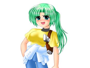 1girl arm_at_side blue_eyes blue_pants breasts clothes_around_waist eyes_visible_through_hair game_cg green_hair gun hand_in_pocket higurashi_no_naku_koro_ni holster large_breasts large_variant_set long_hair nervous_smile nose open_mouth pants parted_bangs ponytail ryukishi07 shirt shirt_around_waist smile sonozaki_mion variant_set weapon white_shirt yellow_shirt