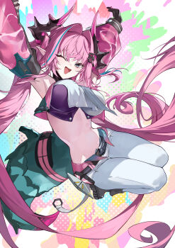1girl absurdres arknights arknights:_endfield arms_up bandeau black_bandeau black_horns breasts cone_hair_bun detached_sleeves diamond_in_eye gloves green_tail hair_bun hair_on_horn highres horns large_breasts long_hair looking_at_viewer multicolored_gloves multicolored_horns navel one_eye_closed pants pink_gloves pink_horns pink_sleeves pink_tube_top sb_lama see-through_clothes see-through_sleeves smile solo strapless tube_top two-tone_horns white_pants yvonne_(arknights)