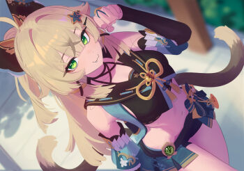 1girl absurdres ahoge animal_ears anonds31 bare_shoulders bell black_tank_top blue_skirt blue_vest blush breasts brown_hair cat_ears cat_girl cat_tail choker commentary commission crop_top detached_sleeves floral_print genshin_impact green_eyes hair_ornament hairclip high_ponytail highres jingle_bell kirara_(genshin_impact) long_hair looking_at_viewer medium_breasts miniskirt multiple_tails open_clothes open_vest ponytail sidelocks skirt smile solo tail tank_top tassel thighs two_tails vest