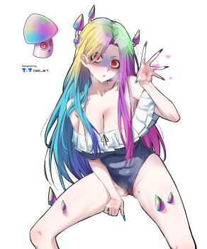 1girl @_@ absurdres armpits blue_hair breasts cameltoe cleavage green_hair highres hypno-shroom_(plants_vs._zombies) large_breasts long_hair mole mole_on_leg multicolored_hair mushroom mushroom_on_head nisp_art open_mouth personification pink_hair plant plants_vs._zombies purple_hair red_eyes shirt simple_background solo white_background