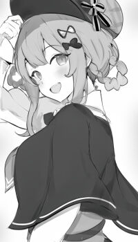 1girl :d bow braid braided_hair_rings capelet commentary_request from_side greyscale hair_bow hair_rings hand_up hat long_sleeves looking_at_viewer looking_back mahou_shoujo_no_majo_saiban monochrome open_mouth raifu_(rf) short_hair simple_background smile solo tachibana_sherry upper_body