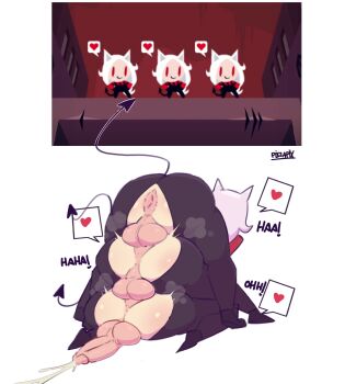 3futa 3newhalf absurdres anal animal_ears anus ass cerberus_(helltaker) clothed_sex clothes cum double_penetration ejaculating_while_penetrated ejaculation english_text futa_with_futa futanari heart helltaker highres huge_ass large_penis long_hair multiple_futa multiple_newhalf futa_without_pussy newhalf_with_newhalf on_person heavy_breathing pantyhose penis pixzapix pointy_ears puckered_anus sex sex_from_behind simple_background speech_bubble steam tail testicles torn_clothes uncensored white_background white_hair