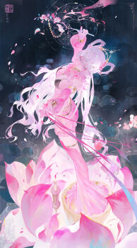 1girl absurdres aqua_pupils armlet black_bra border bra branch breasts candle candlestand closed_mouth commission detached_sleeves flower forehead_jewel full_body hair_flower hair_ornament hair_rings highres holding holding_branch jewelry long_hair lotus medium_breasts mihuashi_commission nail_polish original ornate_border pink_eyes pink_flower pink_nails seal_impression solo standing thighlet underwear very_long_hair white_hair