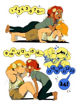 2girls bixelswixels dark-skinned_female dark_skin exercising highres inkling kiss multiple_girls muscular muscular_female nintendo octoling push-ups speech_bubble splatoon_(series) yuri