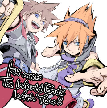 2boys blue_eyes brown_hair crossover headphones kingdom_hearts kingdom_hearts_3d:_dream_drop_distance mp3_player multiple_boys orange_hair sakuraba_neku sora_(kingdom_hearts) subarashiki_kono_sekai timer