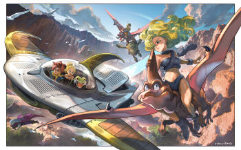 3girls 4boys ayla_(chrono_trigger) blonde_hair cape chrono_trigger cloud crono_(chrono_trigger) epoch frog_(chrono_trigger) frog_boy fur_(clothing) headband helmet highres lucca_ashtear magus_(chrono_trigger) marle_(chrono_trigger) mechanical_wings mountain multiple_boys multiple_girls outdoors ponytail pterosaur purple_cape red_hair robo_(chrono_trigger) shinwoo_choi signature tree white_headband wings