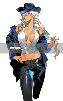 Rule 34 | 1girl, argus (reverse:1999), breasts, cleavage, cowboy hat, dark-skinned female, dark skin, hat, karmaho, reverse:1999, simple background, tagme, white background