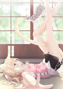 Rule 34 | 1girl, absurdres, animal ears, animal on leg, armpits, barefoot, between legs, black shorts, blonde hair, blue eyes, blush, breasts, cat, cat ears, cat girl, cat tail, closed mouth, commentary request, dolphin shorts, foreshortening, from side, full body, highres, legs up, light particles, long hair, looking at animal, lying, midriff peek, on back, original, outstretched arms, pink shirt, purple eyes, shirt, short shorts, shorts, sleeveless, sleeveless shirt, small breasts, smile, solo, sunlight, tail, tail between legs, thighs, two side up, ukiwakisen, window, yellow tail