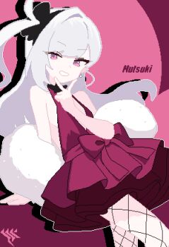 1girl absurdres black_hairband blue_archive breasts character_name cowboy_shot dress earrings fishnet_pantyhose fishnets hairband hand_up hashtag-only_commentary highres jewelry long_hair looking_at_viewer mutsuki_(blue_archive) mutsuki_(dress)_(blue_archive) official_alternate_costume pantyhose parted_bangs pink_background pixel_art red_dress short_dress sleeveless sleeveless_dress slmnk10124 small_breasts smile solo sphere_earrings swept_bangs v white_hair