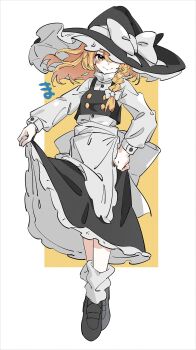 1girl apron asymmetrical_hair black_hat black_shoes black_skirt black_vest blonde_hair blush blush_stickers bow braid braided_sidelock breasts closed_mouth commentary floating_hair frilled_hat frilled_skirt frills full_body hair_between_eyes hair_over_one_eye hand_on_own_hip hat hat_bow hat_over_one_eye highres kirisame_marisa large_bow long_sleeves looking_at_viewer loose_socks medium_hair o_(crazyoton46) shirt shoes side_braid simple_background single_braid single_sidelock skirt skirt_hold small_breasts smile socks solo standing touhou turtleneck vest waist_apron white_apron white_background white_bow white_shirt white_socks witch_hat yellow_background yellow_eyes