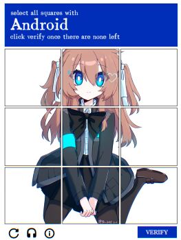 1girl absurdres ahoge black_bow black_bowtie black_jacket black_pantyhose black_skirt blue_eyes blue_ribbon bow bowtie brown_hair brown_shoes captcha closed_mouth commentary_request detroit:_become_human dress_shirt full_body hair_between_eyes hair_ornament hair_ribbon heart heart_hair_ornament highres jacket long_hair long_sleeves looking_at_viewer neuro-sama open_clothes open_jacket pantyhose ribbon shirt shoes signature sitting skirt smile solo timestamp two_side_up user_hmyv8473 vedal_ai virtual_youtuber wariza white_shirt