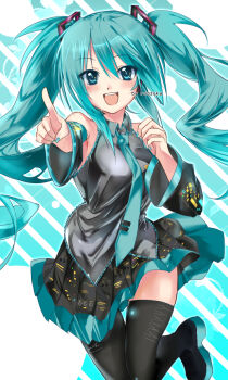 1girl aqua_eyes aqua_hair aqua_nails aqua_necktie black_skirt black_sleeves blush detached_sleeves grey_shirt hatsune_miku highres long_hair necktie roozaku shirt skirt sleeveless sleeveless_shirt solo twintails vocaloid
