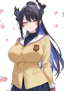 Rule 34 | 1girl, asymmetrical horns, black hair, blue hair, blue skirt, breasts, cherry blossoms, clannad, demon horns, falling petals, high ponytail, highres, hikarizaka private high school uniform, hololive, hololive english, horns, jacket, large breasts, long hair, multicolored hair, nerissa ravencroft, parted lips, petals, pleated skirt, ponytail, red eyes, rijeka1918, sailor collar, school uniform, serafuku, skirt, solo, two-tone hair, uneven horns, very long hair, virtual youtuber, yellow jacket