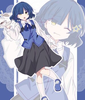 1girl :p black_skirt blue_hair blue_neckerchief blue_shoes blue_vest bocchi_the_rock! closed_mouth collared_shirt commentary_request cup eyes_visible_through_hair full_body gochuumon_wa_usagi_desu_ka? hair_ornament highres holding holding_plate knees_together_feet_apart long_sleeves looking_at_viewer medium_skirt multiple_views neckerchief one_eye_closed open_mouth outline pillarboxed plate shirt shoes short_hair skirt socks spilling standing standing_on_one_leg star_(symbol) teacup tongue tongue_out torikoboshi vest white_outline white_shirt white_socks x_hair_ornament yamada_ryo yellow_eyes zoom_layer