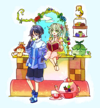 Rule 34 | 1boy, 1girl, against table, alternate costume, ankle flower, anklet, apple, arabalika (genshin impact), aranara (genshin impact), as (yesahp), berry, black gloves, black shorts, black socks, blue flower, blue rose, blueberry, blunt ends, book, casual, choppy bangs, collar, collared dress, commentary, contemporary, crescent, cross-shaped pupils, cup, diorama, dress, drinking, elbow gloves, eyeliner, falling leaves, falling petals, fingerless gloves, flower, food, food print, food request, frilled collar, frills, fruit, full body, genshin impact, gloves, gold, grapes, green eyes, green hair, hair ornament, hand up, holding, holding book, holding cup, jacket, jewelry, kettle, leaf, leaf hair ornament, legs together, long hair, looking at another, macaron, makeup, nahida (genshin impact), open book, open clothes, open jacket, open mouth, orange flower, parted bangs, pastry, petals, pink dress, pink sleeves, plate, purple eyes, purple hair, purple jacket, purple sleeves, red eyeliner, red flower, red rose, rose, scaramouche (genshin impact), shirt, shorts, side ponytail, sidelocks, single off shoulder, sitting, slippers, socks, standing, symbol-only commentary, symbol-shaped pupils, tareme, teacup, toes, tsurime, turn pale, wanderer (genshin impact), white background