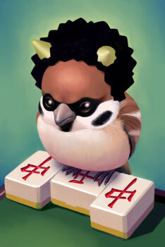 afro bird eurasian_tree_sparrow green_background horns mahjong mahjong_tile no_humans original sakkan sparrow table