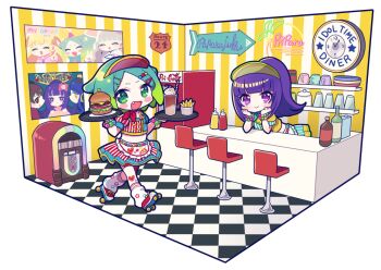 2girls :d apron bar_stool blue_shirt blue_skirt blunt_bangs burger cameo checkered_floor chibi counter cropped_shirt cup diner fang food french_fries frilled_apron frills full_body garara_s_leep glass_bottle green_eyes green_hair hanazono_shuka hands_on_own_cheeks hands_on_own_face hands_up holding holding_tray idol_time_pripara indoors isometric jigoku_mimiko jukebox koda_michiru koyoshi_yoko leaning_forward leg_warmers long_hair looking_at_viewer miichiru_(pripara) multiple_girls nijiiro_nino open_mouth plate pleated_skirt ponytail poster_(object) pretty_series pripara purple_eyes purple_hair roller_skates shirt short_hair short_sleeves skates skirt smile standing stool striped_wall tray visor_cap waist_apron waitress walking white_apron yumekawa_yui