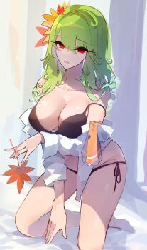 3girls aki_minoriko aki_shizuha barefoot black_bra black_panties bra breasts collarbone commentary green_hair hair_ornament highres holding holding_leaf kaliningradg kazami_yuuka kneeling large_breasts leaf leaf_hair_ornament long_hair long_sleeves looking_at_viewer maple_leaf mini_person mini_person_in_clothes multiple_girls open_clothes open_shirt panties parted_lips red_eyes shirt side-tie_panties symbol-only_commentary thighs touhou underwear white_shirt