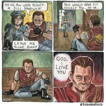 1boy 1girl absurdres artist_name barry_burton beard_stubble beret black_gloves blue_eyes blue_hat brown_hair commentary english_commentary facial_hair fingerless_gloves gloves hat highres jill_valentine resident_evil resident_evil_1 rhiannon_kagoe sitting smile speech_bubble stubble