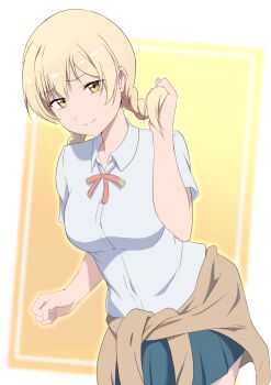 1girl absurdres alternate_hairstyle blonde_hair braid breasts closed_mouth clothes_around_waist emma_verde gyaru hand_in_own_hair highres jacket jacket_around_waist long_hair looking_at_viewer love_live! love_live!_nijigasaki_high_school_idol_club medium_breasts miyashita_ai nijigasaki_school_uniform role_reversal school_uniform smile smug twin_braids yellow_eyes zasshoku_ojisan