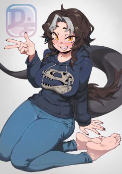 1girl ahoge barefoot black_hoodie black_nails blue_pants blush breasts brown_hair clothing_cutout commentary commission denim difman dinosaur_skull dinosaur_tail english_commentary feet fingernails freckles grey_streaks highres hood hood_down hoodie jeans kneeling large_breasts long_fingernails long_sleeves looking_at_viewer multicolored_hair nail_polish original pants sharp_teeth short_hair soles solo tail tail_through_clothes teeth terra_(colonel_hammer) toenail_polish toenails two-tone_hair w yellow_eyes