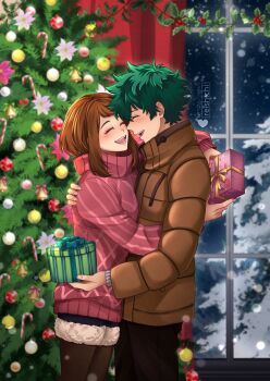 1boy 1girl absurdres blush boku_no_hero_academia box brown_hair christmas christmas_ornaments christmas_present christmas_tree closed_eyes coat couple freckles gift gift_box green_hair heart hetero highres imminent_kiss lens_flare long_bangs midoriya_izuku pantyhose pink_sweater reishichi signature smile snow snow_on_tree snowing sweater tree uraraka_ochako