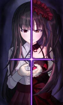 1girl absurdres black_hair commentary_request date_a_live dress heterochromia highres lolita_fashion long_hair looking_at_object red_dress red_eyes red_skirt shirt single_bare_shoulder skirt smile solo split_screen symbol_in_eye tokisaki_kurumi twintails white_shirt yellow_eyes zaphkiel.chou