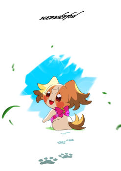 absurdres animal_focus bow commentary_request copyright_name dog full_body highres inukai_komugi inukai_komugi_(dog) no_humans omega_takai open_mouth paw_print pink_bow precure red_eyes simple_background solo white_background wonderful_precure!