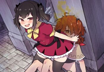 13o 2girls black_hair brown_hair fart fart farting_in_face forced humiliation multiple_girls pinned sitting sitting_on_face sitting_on_person smell tagme