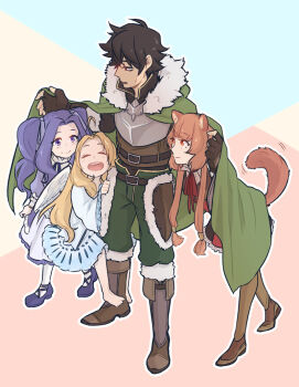 1boy 3girls :d abstract_background ahoge alternate_eye_color animal_ears armor armored_boots barefoot belt black_belt black_dress black_eyes black_hair black_shirt blonde_hair blue_background blue_dress blue_ribbon blunt_bangs boots breastplate brown_boots brown_gloves brown_hair brown_shirt child cloak closed_eyes closed_mouth collared_dress collared_shirt commentary cosu_(guessibetter) deadpan dress elbow_gloves english_commentary eyelashes facing_another filo_(tate_no_yuusha_no_nariagari) fingerless_gloves full_body fur-trimmed_armor fur-trimmed_boots fur-trimmed_gloves fur-trimmed_hood fur_trim gloves green_cloak green_pants grey_armor hair_between_eyes hair_ribbon hands_up hanging_on_another high_collar hood hood_down hooded_cloak iwatani_naofumi knee_boots layered_dress leaning_forward leather leather_boots long_hair long_sleeves looking_at_another medium_dress melty_q_melromarc messy_hair metal_hair_tubes multiple_belts multiple_girls neck_ribbon open_mouth outline pants pantyhose parted_bangs pink_background purple_boots purple_dress purple_hair purple_ribbon raccoon_ears raccoon_girl raccoon_tail raised_eyebrows raphtalia red_dress red_eyes red_ribbon ribbon shirt short_hair short_sleeves sleeveless sleeveless_dress smile standing straight_hair tail tail_wagging tate_no_yuusha_no_nariagari teeth thigh_boots tongue twintails two-tone_dress upper_teeth_only white_dress white_outline white_pantyhose wide_sleeves yellow_background