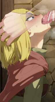 1boy 1girl absurdres alicia_glenfall aqua_eyes bar_censor blonde_hair blush breasts cape censored clevatess:_majuu_no_ou_to_akago_to_shikabane_no_yuusha fellatio green_shirt hands_on_another&#039;s_head hetero highres irrumatio licking licking_penis long_sleeves medium_breasts mizumizuni oral penis red_cape shirt short_hair solo_focus sweat tongue tongue_out