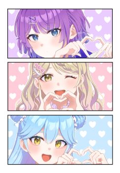 3girls agarie_nagi aqua_hair aziazi014 blue_eyes brown_eyes brown_hair close-up double_bun flower_hairpin four-finger_heart_hands hair_bun hair_ornament hairclip heart heart_background heart_hands highres hirose_miina kotomori_airi long_hair looking_at_viewer multiple_girls one_eye_closed open_mouth purple_hair shine_post split_screen teeth twitter_username upper_teeth_only yellow_eyes
