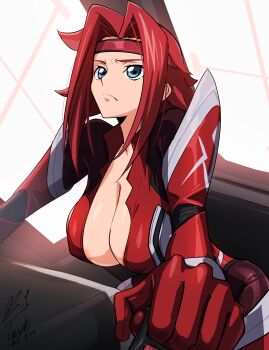 1girl blue_eyes bodysuit breasts closed_mouth code_geass collarbone female_focus hanging_breasts headband highres kouzuki_kallen large_breasts mecha_pilot_suit medium_hair parted_bangs red_bodysuit red_hair red_headband shiny_skin sitting yoo_tenchi