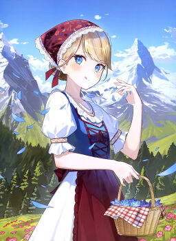 1girl :q absurdres apron artist_request basket blonde_hair blue_eyes blue_petals blue_sky blush cloud cloudy_sky day dengeki_moeoh dress falling_petals flower_basket headscarf highres holding holding_basket landscape looking_at_viewer magazine_scan mountain original outdoors petals pine_tree puffy_short_sleeves puffy_sleeves red_apron red_headscarf scan short_sleeves sky smile solo swept_bangs third-party_source tongue tongue_out tree waist_apron white_dress