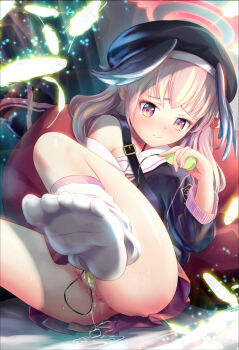 1girl absurdres anus beret between_legs black_hat black_wings blonde_hair blue_archive blush censored closed_mouth controller cushion egg_vibrator feathered_wings feathers feet female_focus female_masturbation flat_chest glowing h_(sfkf5588) halo hand_between_legs hand_up hat head_wings highres holding holding_remote_control koharu_(blue_archive) leg_up light_particles loli long_hair long_sleeves looking_down loose_socks masturbation miniskirt mosaic_censoring no_panties nose_blush pleated_skirt pussy pussy_juice red_eyes red_skirt remote_control remote_control_vibrator sex_toy sidelocks single_bare_shoulder skirt socks solo split_mouth sweat tears vibrator vibrator_cord white_socks wings