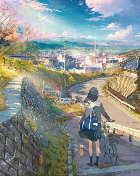 1girl bag bicycle bird black_hair black_skirt blue_sky building cat city cloud commentary_request day grey_skirt guard_rail highres light_rays mountainous_horizon original power_lines road ryowelcome1 sailor_collar scenery school_bag school_uniform seagull skirt sky solo sunbeam sunlight tree vanishing_point walking white_sailor_collar