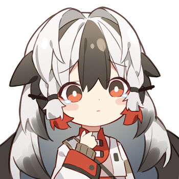 1girl arknights black_hair blush_stickers bright_pupils chibi closed_mouth commentary_request grey_hair hair_between_eyes hair_intakes hand_up jacket long_hair long_sleeves looking_at_viewer lowres multicolored_hair orange_eyes quan_(kurisu_tina) red_eyes red_hair simple_background snowsant_(arknights) solo tears two-tone_hair upper_body white_background white_hair white_jacket wings