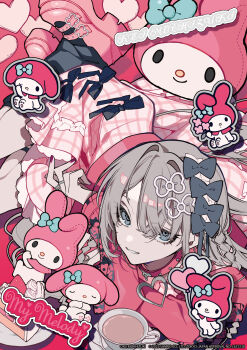 Rule 34 | 1girl, absurdres, artist name, black leg warmers, black ribbon, boots, cake, character name, choker, commentary request, copyright notice, cup, floral print, food, gingham, gingham skirt, grey eyes, grey hair, hair between eyes, hair ornament, hair ribbon, heart, heart choker, highres, jacket, leg warmers, long hair, looking at viewer, lying, mochizuki kei, my melody, official art, onegai my melody, parted bangs, partial commentary, pink boots, pink choker, pink jacket, red background, red nails, ribbon, sanrio, smile, teacup